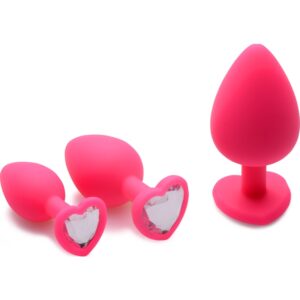Pink Hearts 3 Pc Silicone Anal Plugs with Gem Accents