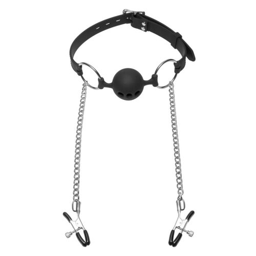 Hinder Breathable Silicone Ball Gag With Nipple Clamps - Image 3
