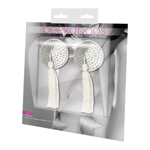 White Satin w White Stone and Tassel Pastie - Image 3