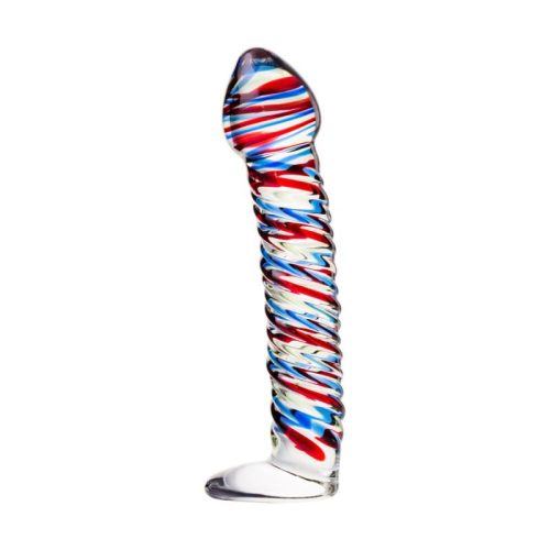 Sexus Glass Dildo Stripes w Base Blue/Red 16cm - Image 3