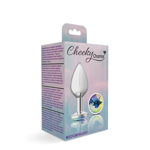 Cheeky Charms Silver Round Butt Plug w Clear Iridescent Jewel Medium - Image 3
