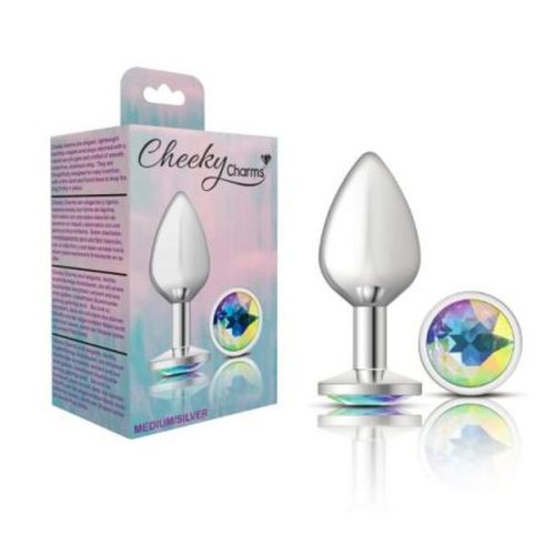 Cheeky Charms Silver Round Butt Plug w Clear Iridescent Jewel Large - Image 4