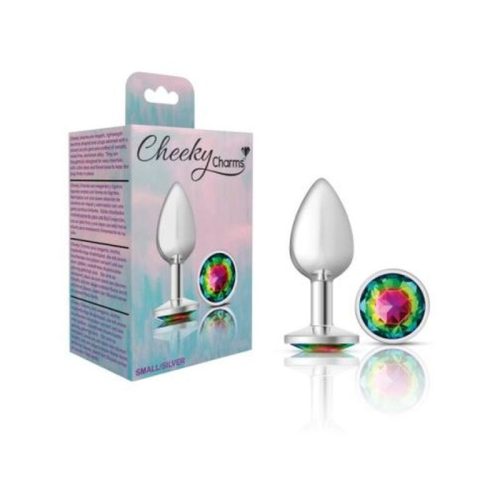 Cheeky Charms Silver Round Butt Plug w Rainbow Jewel Small - Image 3