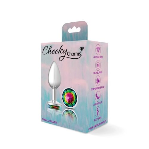 Cheeky Charms Silver Round Butt Plug w Rainbow Jewel Small - Image 4
