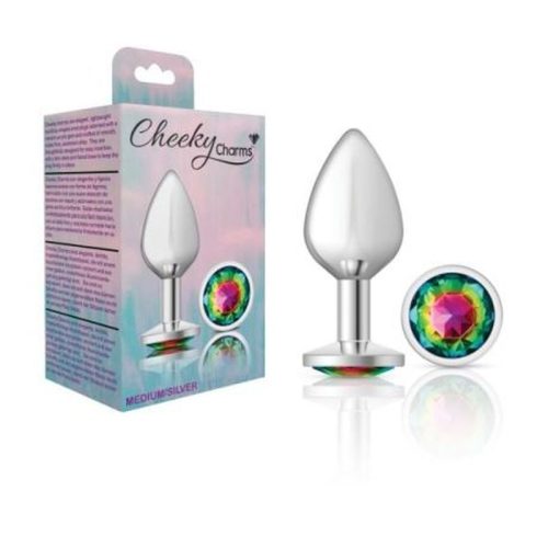Cheeky Charms Silver Round Butt Plug w Rainbow Jewel Medium - Image 3