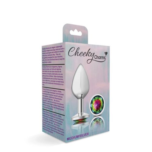 Cheeky Charms Silver Round Butt Plug w Rainbow Jewel Medium - Image 4
