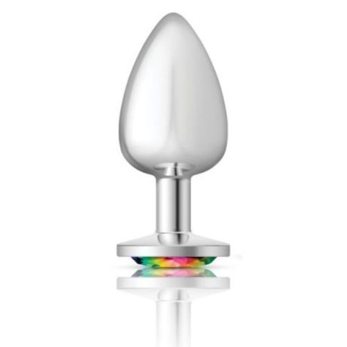 Cheeky Charms Silver Round Butt Plug w Rainbow Jewel Large - Image 3