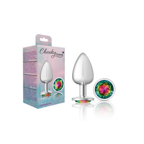 Cheeky Charms Silver Round Butt Plug w Rainbow Jewel Large - Image 4