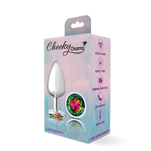 Cheeky Charms Silver Round Butt Plug w Rainbow Jewel Large - Image 5