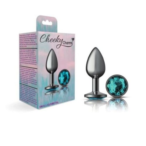 Cheeky Charms Gunmetal Round Butt Plug w Teal Jewel Small - Image 4