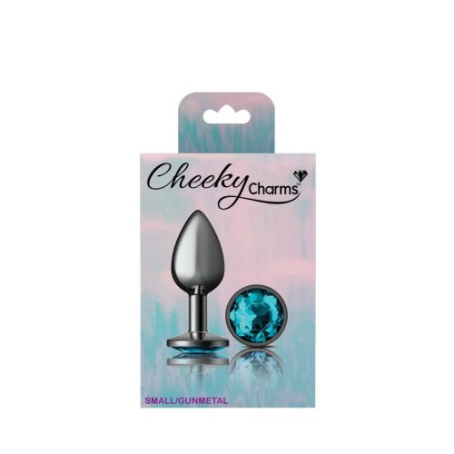 Cheeky Charms Gunmetal Round Butt Plug w Teal Jewel Small - Image 5