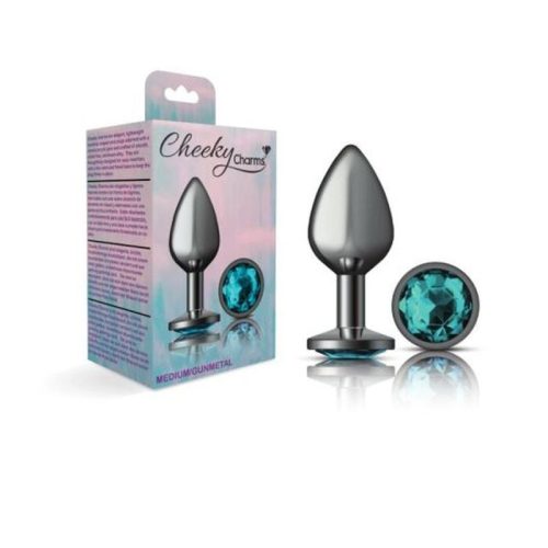 Cheeky Charms Gunmetal Round Butt Plug w Teal Jewel Medium - Image 4