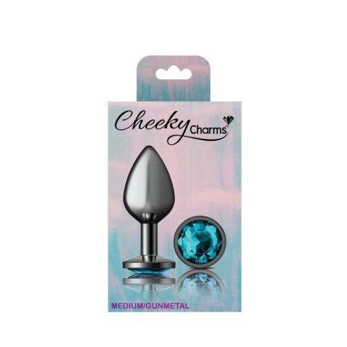 Cheeky Charms Gunmetal Round Butt Plug w Teal Jewel Medium - Image 5