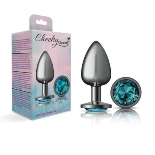Cheeky Charms Gunmetal Round Butt Plug w Teal Jewel Large - Image 4