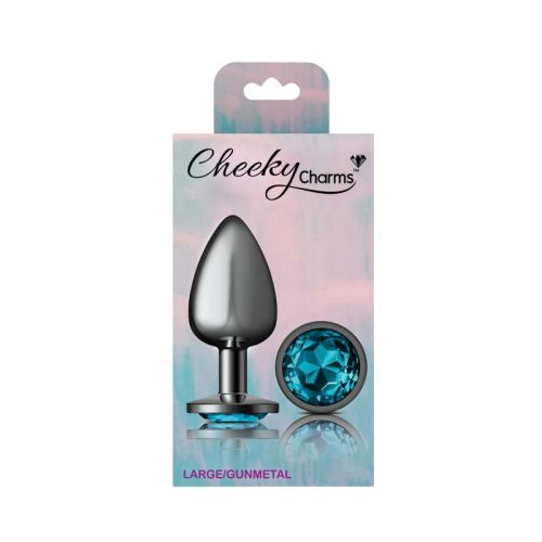 Cheeky Charms Gunmetal Round Butt Plug w Teal Jewel Large - Image 5