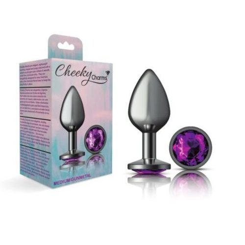 Cheeky Charms Gunmetal Round Butt Plug w Purple Jewel Medium - Image 3