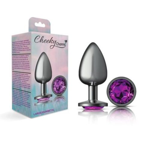 Cheeky Charms Gunmetal Round Butt Plug w Purple Jewel Large - Image 4