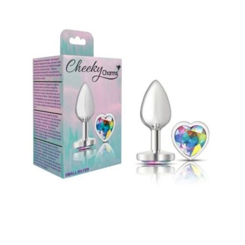 Cheeky Charms Silver Metal Butt Plug w Heart Clear Jewel Small - Image 4
