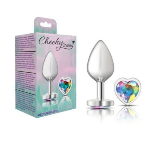 Cheeky Charms Silver Metal Butt Plug w Heart Clear Jewel Medium - Image 4