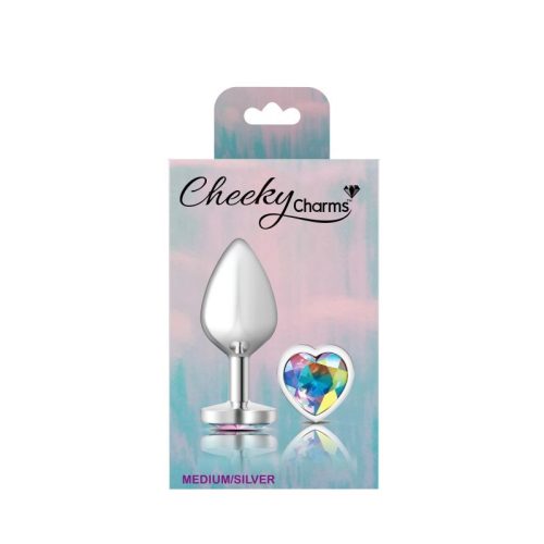 Cheeky Charms Silver Metal Butt Plug w Heart Clear Jewel Medium - Image 5