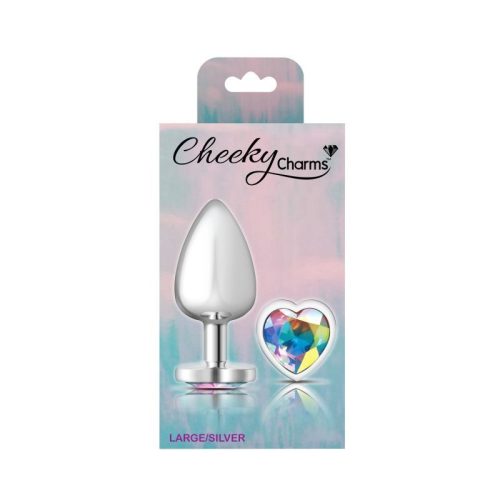 Cheeky Charms Silver Metal Butt Plug w Heart Clear Jewel Large - Image 4