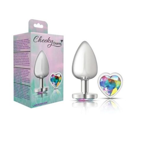 Cheeky Charms Silver Metal Butt Plug w Heart Clear Jewel Large - Image 5