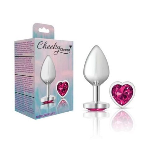 Cheeky Charms Silver Metal Butt Plug w Heart Pink Jewel Medium - Image 4