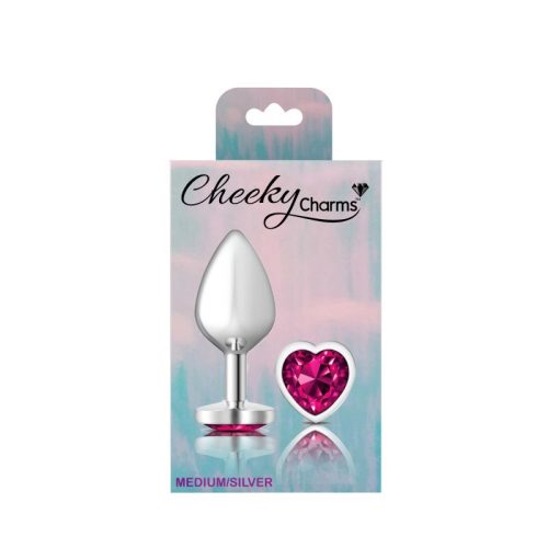 Cheeky Charms Silver Metal Butt Plug w Heart Pink Jewel Medium - Image 5