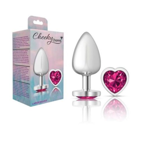 Cheeky Charms Silver Metal Butt Plug w Heart Pink Jewel Large - Image 4