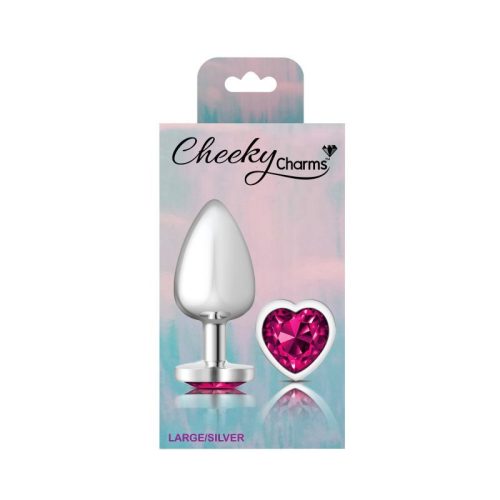 Cheeky Charms Silver Metal Butt Plug w Heart Pink Jewel Large - Image 5