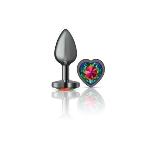 Cheeky Charms Gunmetal Butt Plug w Heart Rainbow Jewel Small - Image 3