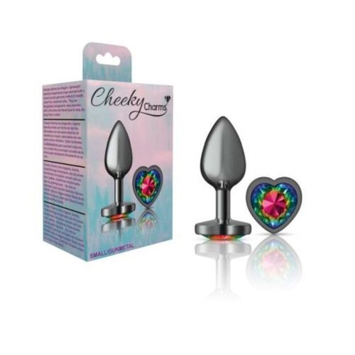 Cheeky Charms Gunmetal Butt Plug w Heart Rainbow Jewel Small - Image 4