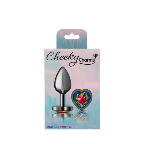 Cheeky Charms Gunmetal Butt Plug w Heart Rainbow Jewel Small - Image 5