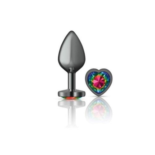 Cheeky Charms Gunmetal Butt Plug w Heart Rainbow Jewel Medium - Image 3