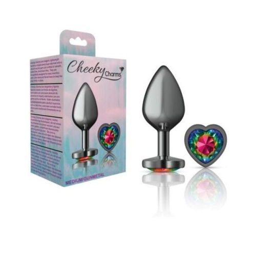 Cheeky Charms Gunmetal Butt Plug w Heart Rainbow Jewel Medium - Image 4