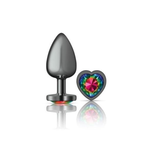 Cheeky Charms Gunmetal Butt Plug w Heart Rainbow Jewel Large - Image 3