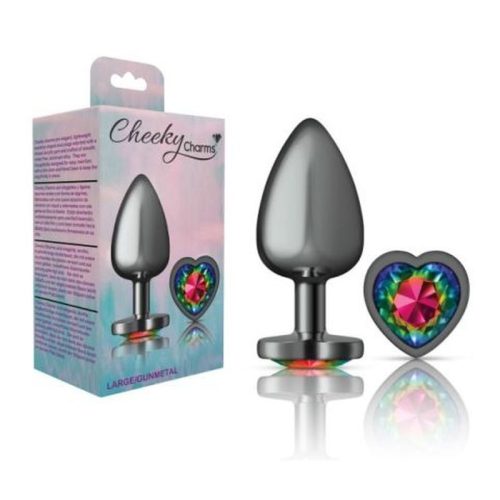 Cheeky Charms Gunmetal Butt Plug w Heart Rainbow Jewel Large - Image 4