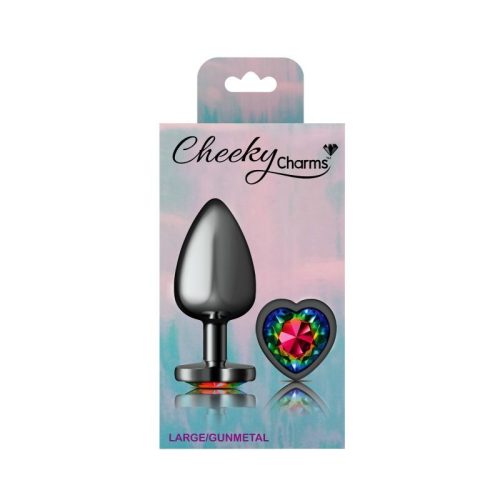 Cheeky Charms Gunmetal Butt Plug w Heart Rainbow Jewel Large - Image 5