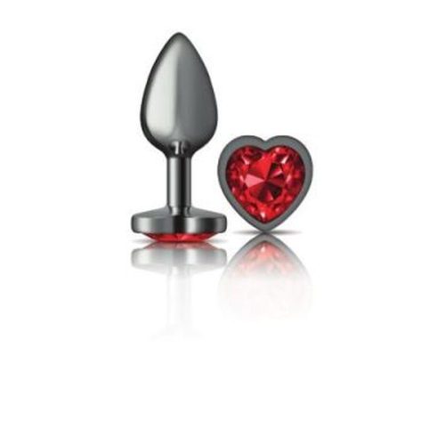 Cheeky Charms Gunmetal Butt Plug w Heart Red Jewel Small - Image 3