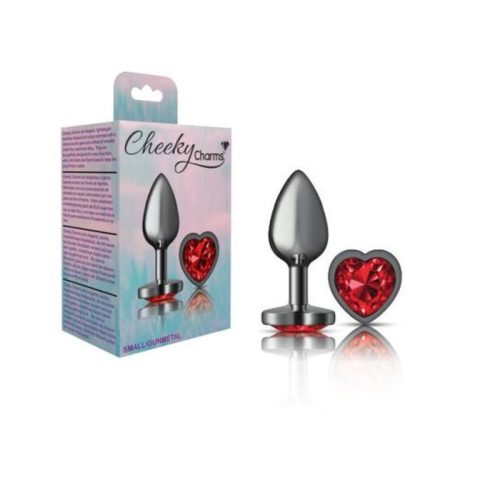 Cheeky Charms Gunmetal Butt Plug w Heart Red Jewel Small - Image 4