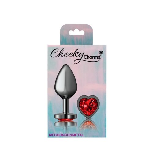 Cheeky Charms Gunmetal Butt Plug w Heart Red Jewel Medium - Image 5