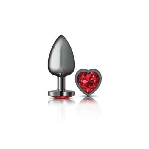 Cheeky Charms Gunmetal Butt Plug w Heart Red Jewel Large - Image 3