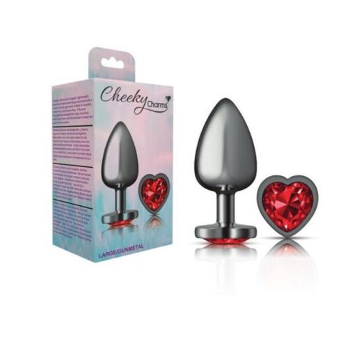 Cheeky Charms Gunmetal Butt Plug w Heart Red Jewel Large - Image 4