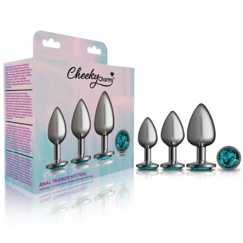 Cheeky Charms Round Metal Butt Plug Gunmetal 3 Pc Kit w Teal Jewel - Image 5