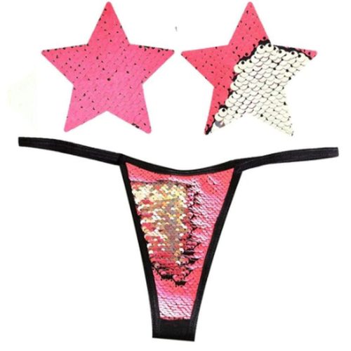 Bitchin Neon Pink and Silver Blacklight Sequin Pastie and Panty Set - Image 3