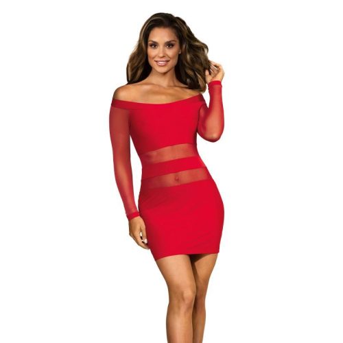 Off The Shoulder Mesh Panel Dress Red - Image 3