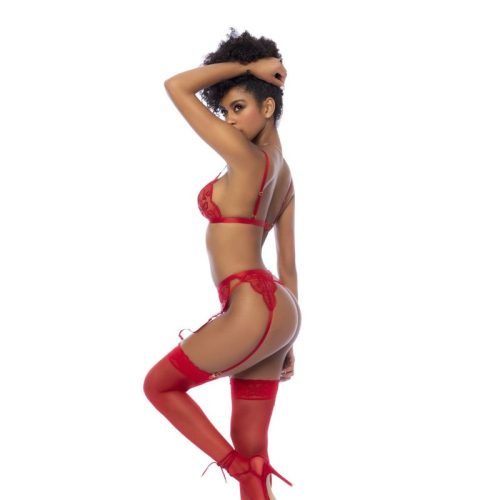Red 3 Pc Set w/ Bralette, Garter Belt and Thong - Image 3