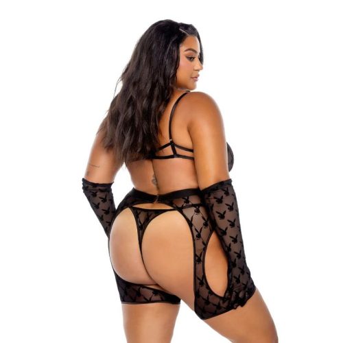 Playboy Flocked Bunny Chaps 3 Pc Set Black - Image 3