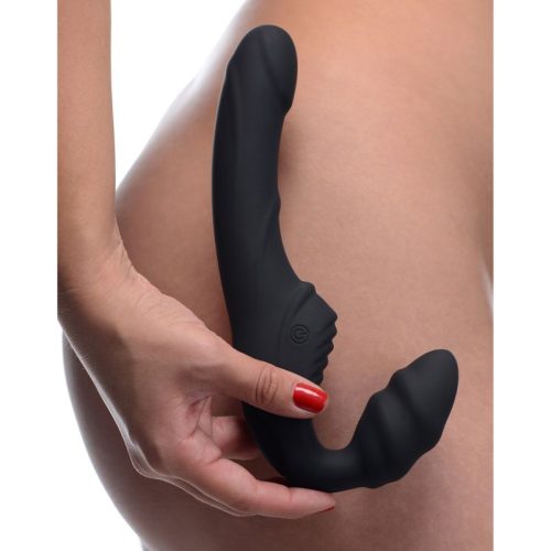 Slim Rider Ribbed Vibrating Silicone Strapless Strap On - Image 5