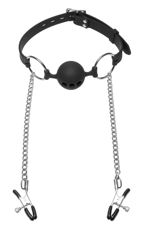 Hinder Breathable Silicone Ball Gag With Nipple Clamps - Image 3
